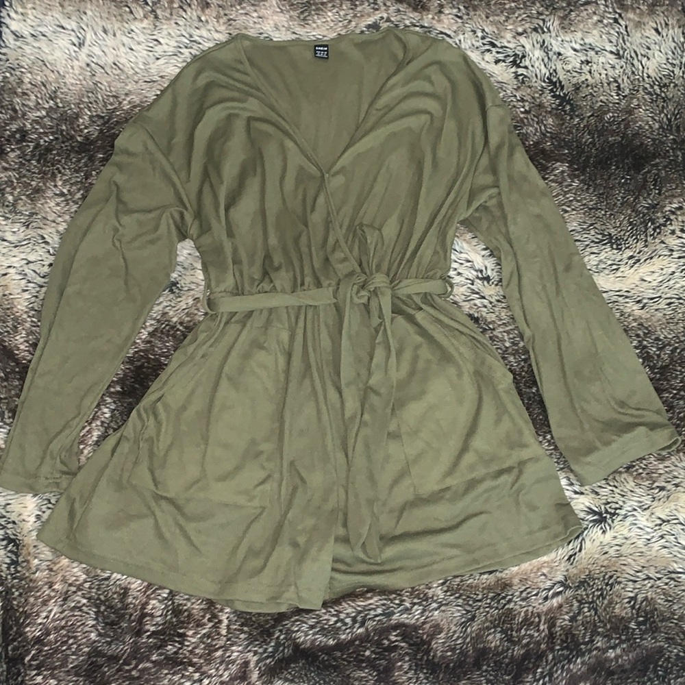 Shein Forest Green Ribbed Pocket Long Sleeve Romper-NWOT